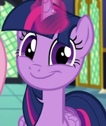 Size: 348x415 | Tagged: safe, screencap, twilight sparkle, alicorn, pony, g4, my little pony: friendship is magic, the hooffields and mccolts, cropped, looking at you, magic, smiling, solo, twilight sparkle (alicorn), twilight's castle