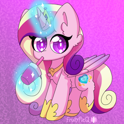 Size: 1000x1000 | Tagged: safe, artist:fruiitypieq, princess cadance, alicorn, pony, g4, cute, cutedance, drinking, female, glowing, glowing horn, horn, levitation, looking at you, magic, magic aura, mare, signature, solo, telekinesis