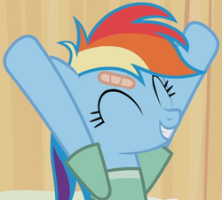 Size: 648x587 | Tagged: safe, screencap, rainbow dash, pegasus, pony, g4, my little pony: friendship is magic, read it and weep, cropped, happy, hospital, hospital gown, solo, stretching