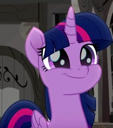 Size: 521x589 | Tagged: safe, screencap, twilight sparkle, alicorn, pony, g4, my little pony: rainbow roadtrip, cropped, cute, female, happy, library, mare, smiling, solo, twiabetes, twilight sparkle (alicorn)