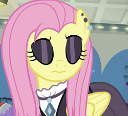 Size: 793x720 | Tagged: safe, screencap, fluttershy, pegasus, pony, fake it 'til you make it, g4, season 8, cropped, ear piercing, earring, eyes closed, eyeshadow, female, fluttergoth, frown, jewelry, makeup, mare, piercing