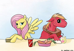 Size: 640x441 | Tagged: safe, artist:el-yeguero, big macintosh, fluttershy, earth pony, pegasus, pony, g4, big mac (burger), burger, carrot, duo, female, food, hamburger, juice, juice box, looking back, looking back at each other, male, mare, mcdonald's, ship:fluttermac, shipping, signature, spread wings, stallion, straight, wings