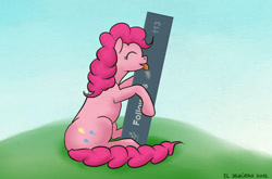 Size: 500x330 | Tagged: safe, artist:el-yeguero, pinkie pie, earth pony, pony, g4, cute, diapinkes, eyes closed, female, licking, mare, milestone, signature, sitting, solo, tongue out