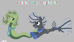 Size: 7111x4000 | Tagged: safe, artist:melisareb, part of a set, inkanyamba, original species, pony, seapony (g4), snake, snake pony, .svg available, 16:9, absurd resolution, alphabet lore, fish tail, forked tongue, gray background, male, necktie, ponified, s, seaponified, simple background, snake tail, species swap, stallion, t, tail, teeth, tongue out, vector