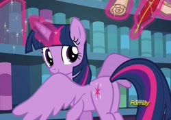 Size: 590x414 | Tagged: safe, screencap, twilight sparkle, alicorn, pony, g4, the fault in our cutie marks, book, bookshelf, butt, discovery family, discovery family logo, library, logo, plot, quill, scroll, smiling, solo, spread wings, twibutt, twilight sparkle (alicorn), twilight's castle, twilight's castle library, wings