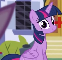 Size: 561x547 | Tagged: safe, screencap, twilight sparkle, alicorn, pony, amending fences, g4, season 5, cropped, folded wings, looking at you, sitting, solo, twilight sparkle (alicorn), wings