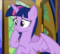 Size: 584x525 | Tagged: safe, screencap, twilight sparkle, alicorn, pony, g4, the beginning of the end, cropped, female, hoof over mouth, scared, solo, twilight sparkle (alicorn), twilight's castle, worried