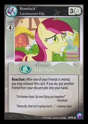 Size: 344x480 | Tagged: safe, enterplay, roseluck, earth pony, pony, canterlot nights, g4, my little pony collectible card game, the cutie pox, ccg, female, mare, merchandise, scared, solo, trading card