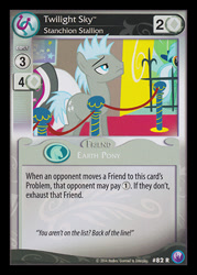 Size: 344x480 | Tagged: safe, enterplay, lyra heartstrings, photo finish, twilight sky, pegasus, pony, canterlot nights, g4, green isn't your color, my little pony collectible card game, my little pony: friendship is magic, ccg, female, male, mare, merchandise, solo focus, stallion