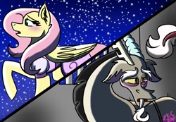 Size: 977x675 | Tagged: safe, artist:sugarkittycat04, discord, fluttershy, draconequus, pegasus, pony, g4, clothes, dress, duo, female, horns, male, mare, night, sad, ship:discoshy, shipping, stars, straight, wings