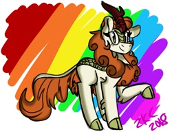 Size: 907x698 | Tagged: safe, artist:sugarkittycat04, autumn blaze, kirin, g4, cloven hooves, female, looking at you, mare, rainbow, raised hoof, simple background, solo, white background