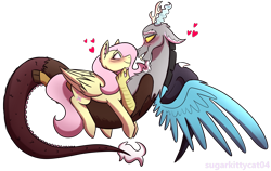 Size: 3313x2099 | Tagged: safe, artist:sugarkittycat04, discord, fluttershy, draconequus, pegasus, pony, g4, blushing, duo, facial hair, female, floppy ears, goatee, heart, high res, horns, interspecies, looking at each other, looking at someone, male, redraw, ship:discoshy, shipping, simple background, straight, transparent background, wings