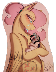 Size: 2778x3603 | Tagged: safe, artist:sugarkittycat04, fluttershy, oc, oc:shadow dusk, hybrid, g4, crying, duo, female, high res, hug, interspecies offspring, looking at someone, male, mare, mother and child, mother and son, offspring, parent:discord, parent:fluttershy, parents:discoshy, ponytail, simple background, traditional art, transparent background, young