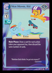 Size: 344x480 | Tagged: safe, enterplay, rainbow dash, scootaloo, pegasus, pony, canterlot nights, g4, my little pony collectible card game, sleepless in ponyville, ccg, drink, duo, flying, merchandise, scooter