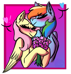 Size: 1912x2000 | Tagged: safe, artist:sugarkittycat04, fluttershy, rainbow dash, pegasus, pony, g4, blushing, bouquet, bouquet of flowers, duo, duo female, eyes closed, female, flower, gradient background, heart, lesbian, mare, ship:flutterdash, shipping, transparent background, wings