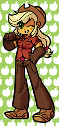 Size: 1136x2380 | Tagged: safe, artist:jilloff, applejack, human, equestria girls, g4, abstract background, applejack's hat, clothes, cowboy hat, cute, female, freckles, gloves, grin, hat, jackabetes, looking at you, one eye closed, pants, shirt, shoes, smiling, solo, wink, winking at you