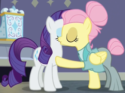 Size: 1022x766 | Tagged: safe, screencap, fluttershy, rarity, pegasus, pony, unicorn, fake it 'til you make it, g4, season 8, air kiss, alternate hairstyle, cheek kiss, clothes, cropped, duo, eyes closed, female, hair bun, kissing, la bise, mare, platonic kiss, raised hoof, rarity for you, severeshy