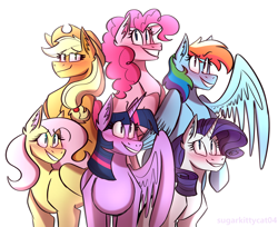 Size: 2452x2000 | Tagged: safe, artist:sugarkittycat04, applejack, fluttershy, pinkie pie, rainbow dash, rarity, twilight sparkle, alicorn, earth pony, pegasus, pony, unicorn, g4, applejack's hat, blushing, cowboy hat, female, hat, high res, looking at someone, looking at you, mane six, mare, simple background, smiling, twilight sparkle (alicorn), white background, wings