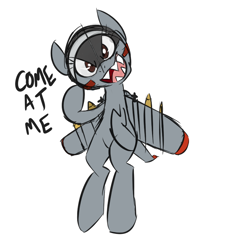 Size: 700x744 | Tagged: artist needed, safe, oc, oc only, oc:blitz, original species, plane pony, pony, a-10 thunderbolt ii, bomb, brown eyes, colored, come at me bro, digital art, flying, gray coat, looking at you, missile, open mouth, plane, sharp teeth, simple background, smiling, solo, spread wings, teeth, weapon, white background, wings