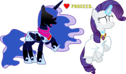 Size: 3507x2073 | Tagged: safe, artist:sketchmcreations, nightmare moon, rarity, alicorn, pony, unicorn, g4, armor, clothes, cosplay, costume, crossover, deltarune, duo, female, floating, frown, glowing, glowing eyes, glowing horn, hidden eyes, high res, hood, horn, jewelry, kris, mare, necklace, noelle holiday, open mouth, proceed, robe, scarf, simple background, snowgrave, text, this will end in death, transparent background, vector, white eyes