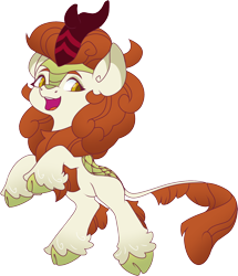 Size: 1502x1750 | Tagged: safe, artist:jennithedragon, derpibooru exclusive, autumn blaze, kirin, g4, g5, :d, cloven hooves, colored pupils, eyebrows, g4 to g5, generation leap, hoof fluff, leaping, leonine tail, looking offscreen, open mouth, open smile, orange mane, scales, simple background, smiling, solo, tail, transparent background, yellow coat, yellow eyes