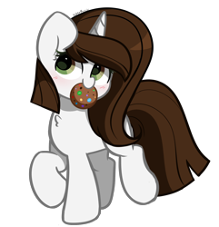 Size: 2412x2504 | Tagged: safe, artist:kittyrosie, oc, oc only, pony, unicorn, blushing, clothes, cookie, food, high res, horn, mouth hold, scarf, simple background, transparent background, unicorn oc