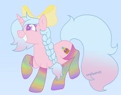 Size: 1911x1500 | Tagged: safe, artist:orcabunnies, oc, oc only, oc:cupcake swirl, pony, unicorn, blue background, bow, clothes, hair bow, pink pony, rainbow socks, simple background, smiling, socks, solo, striped socks