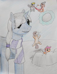 Size: 3100x4017 | Tagged: safe, artist:jimthecactus, derpy hooves, scootaloo, oc, earth pony, pegasus, pony, unicorn, g4, clothes, levitation, magic, scarf, snow, snowball, snowball fight, striped scarf, telekinesis, traditional art, winter