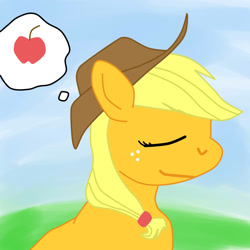 Size: 1024x1024 | Tagged: safe, artist:jimthecactus, applejack, earth pony, pony, g4, apple, bust, eyes closed, female, food, mare, smiling, solo, that pony sure does love apples, thought bubble