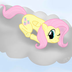 Size: 1024x1024 | Tagged: safe, artist:jimthecactus, fluttershy, pegasus, pony, g4, cloud, female, lying down, lying on a cloud, mare, on a cloud, one eye closed, prone, smiling, solo