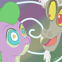 Size: 1024x1024 | Tagged: safe, artist:jimthecactus, discord, spike, draconequus, dragon, g4, 2011, abstract background, discorded, duo, hypno eyes, hypnosis, kaa eyes, male, signature, swirls, swirly eyes