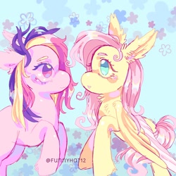 Size: 1000x1000 | Tagged: safe, artist:funnyhat12, fluttershy, fluttershy (g3), pegasus, pony, g4, duo, gradient background