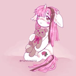 Size: 1000x1000 | Tagged: safe, artist:funnyhat12, oc, oc only, oc:strawberry smoothie (funnyhat12), pony, unicorn, floppy ears, gradient background, plushie, solo, teddy bear