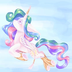 Size: 2000x2000 | Tagged: safe, artist:funnyhat12, princess celestia, alicorn, pony, g4, clothes, gradient background, high res, horn, horn accessory, horn jewelry, jewelry, leg warmers, solo, wing jewelry, wings