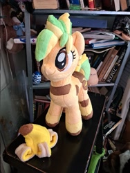 Size: 1536x2048 | Tagged: safe, artist:timbananas, oc, oc only, pony, banana, bookshelf, food, irl, photo, plushie, solo