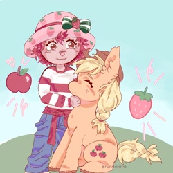 Size: 2000x2000 | Tagged: safe, artist:funnyhat12, applejack, earth pony, human, pony, g4, duo, gradient background, high res, human on pony petting, petting, strawberry shortcake (character)