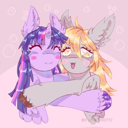 Size: 1000x1000 | Tagged: safe, artist:funnyhat12, derpy hooves, twilight sparkle, alicorn, pegasus, pony, g4, duo, ear fluff, eyes closed, gradient background, hug, smiling, twilight sparkle (alicorn)