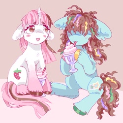Size: 1000x1000 | Tagged: safe, artist:funnyhat12, oc, oc only, oc:strawberry smoothie (funnyhat12), earth pony, pony, unicorn, drinking, duo, female, gradient background, milkshake