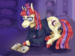 Size: 2048x1534 | Tagged: safe, artist:tomboyanarchy, moondancer, pony, unicorn, g4, library, lying down, prone, reading, solo