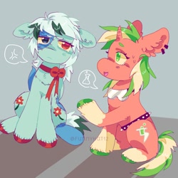 Size: 1500x1500 | Tagged: safe, artist:funnyhat12, oc, oc only, earth pony, original species, plush pony, pony, unicorn, duo, gradient background, plushie, talking