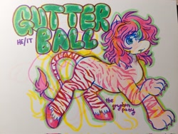 Size: 2048x1536 | Tagged: safe, artist:sc00p_ie, oc, crayon drawing, irl, photo, pronouns, stripes, tail, traditional art