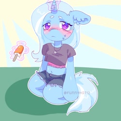 Size: 1500x1500 | Tagged: safe, artist:funnyhat12, trixie, pony, unicorn, semi-anthro, g4, arm hooves, blushing, clothes, food, gradient background, jeans, jewelry, magic, necklace, pants, popsicle, shirt, short jeans, solo