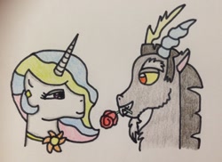 Size: 1024x744 | Tagged: safe, artist:beth1993beth, discord, princess celestia, g4, female, flower, flower in mouth, interspecies, male, mouth hold, romantic, rose, ship:dislestia, shipping, sketch, straight, sun, traditional art