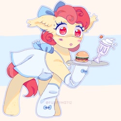 Size: 1500x1500 | Tagged: safe, artist:funnyhat12, oc, oc only, earth pony, pony, apron, bow, burger, clothes, food, gradient background, hair bow, hamburger, maid, milkshake, platter, socks, solo, tail, tail bow