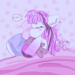 Size: 2000x2000 | Tagged: safe, artist:funnyhat12, oc, oc only, oc:strawberry smoothie (funnyhat12), pony, unicorn, gradient background, high res, plushie, sleeping, solo, teddy bear