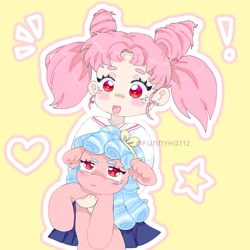 Size: 1500x1500 | Tagged: safe, artist:funnyhat12, cozy glow, human, pegasus, pony, g4, chibiusa, duo, floppy ears, holding a pony, sailor moon (series), simple background