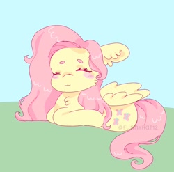 Size: 1024x1012 | Tagged: safe, artist:funnyhat12, fluttershy, pegasus, pony, g4, gradient background, lying down, ponyloaf, prone, solo