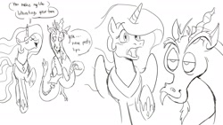 Size: 1920x1080 | Tagged: safe, artist:recklessbucket2, discord, princess celestia, alicorn, draconequus, pony, g4, compliment, dialogue, female, interspecies, male, mare, ship:dislestia, shipping, sketch, straight