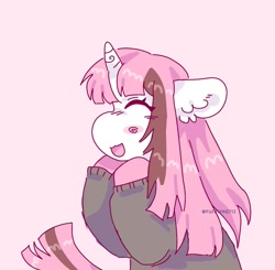 Size: 1771x1734 | Tagged: safe, artist:funnyhat12, oc, oc only, oc:strawberry smoothie (funnyhat12), pony, unicorn, clothes, simple background, solo, sweater