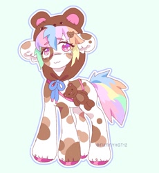 Size: 1657x1805 | Tagged: safe, artist:funnyhat12, oc, oc only, earth pony, pony, adoptable, onesie, plushie, simple background, solo, teddy bear